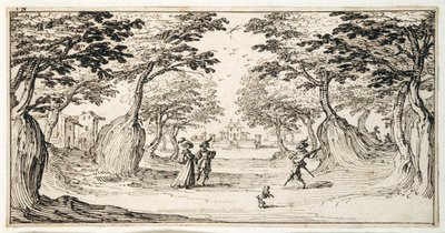 Une dame et un gentleman dansant dans les bois au son d