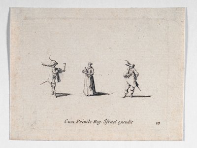 Une dame avec une bouteille de vin et deux cavaliers, de ... (gravure) - Jacques Callot