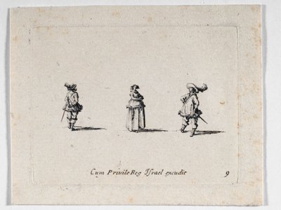 Une dame aux bras croisés et deux cavaliers, de ... (gravure) - Jacques Callot