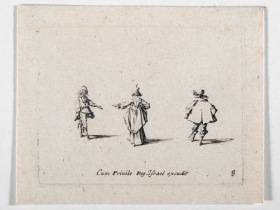 Une dame à la main tendue, vue de dos, et deux cavaliers, d