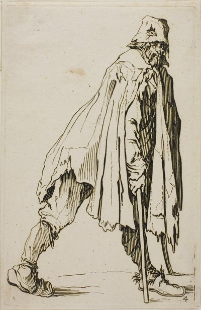 Mendiant sur des béquilles portant un chapeau, planche quatre de Les Mendiants - Jacques Callot