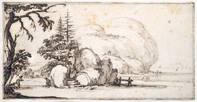 Rochers fantastiques par la côte, bâtiments au bord - Jacques Callot