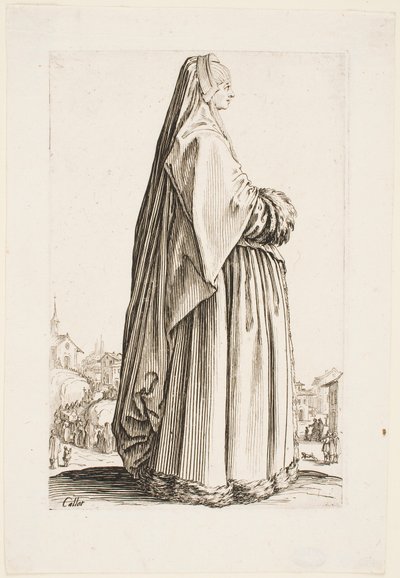 Dame en longue voile et robe bordée de fourrure, de la série « La Noblesse de Lorraine » - Jacques Callot