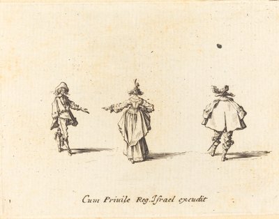 Dame avec un bras tendu, vue de dos, et deux gentilshommes - Jacques Callot