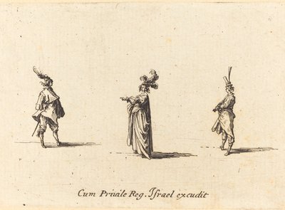 Dame avec un chapeau à plumes, et deux gentilshommes - Jacques Callot