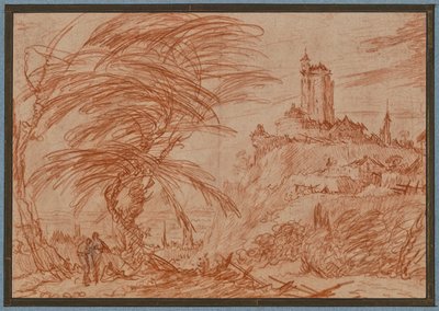 Paysage, à droite une grande tour sur une colline, à gauche un groupe d