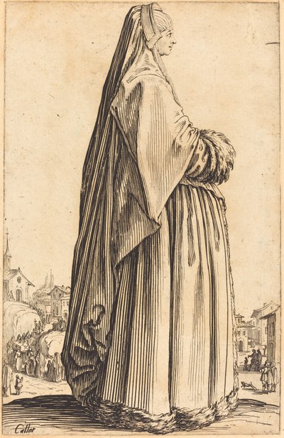 Femme noble portant un voile et une robe bordée de fourrure - Jacques Callot