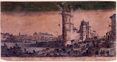 Paris, Île de la Cité, Le Pont Neuf et la Tour de Nesle. Gravure de Jacques Callot. - Jacques Callot