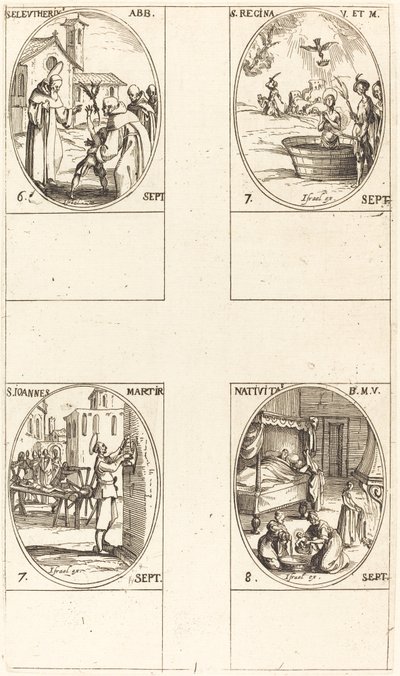 Saint Éleuthère, abbé; Sainte Régine; Saint Jean; La Nativité de la Vierge - Jacques Callot