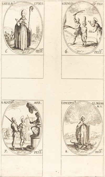 Saint Nicolas; Sainte Dionisie et son fils; Sainte Agathe; Conception de la Vierge - Jacques Callot