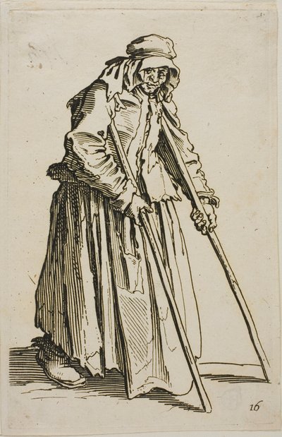 Le mendiant aux béquilles et son porte-monnaie de mendiant, dixième planche des Mendiants - Jacques Callot