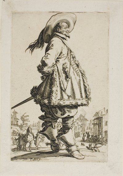 Le gentilhomme en manteau bordé de fourrure, tenant ses mains derrière son dos, planche sept de La Noblesse - Jacques Callot