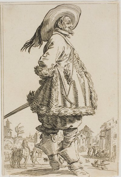 Le gentilhomme en manteau bordé de fourrure avec les mains derrière le dos, de la série La Noblesse de Lorraine - Jacques Callot