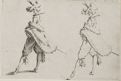 Le Gentilhomme avec un manteau, posant les mains sur les hanches, de Les Caprices - Jacques Callot