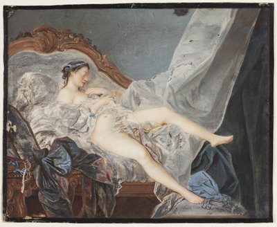 Une fille nue, allongée sur le dos sur une canapé entre de grands draperies - Jacques Charlier