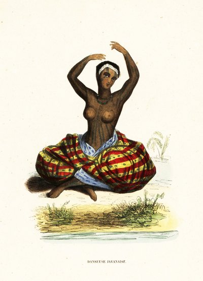 Jeune femme tatouée et seins nus dansant un hula assise par terre - Jacques Etienne Victor (after) Arago