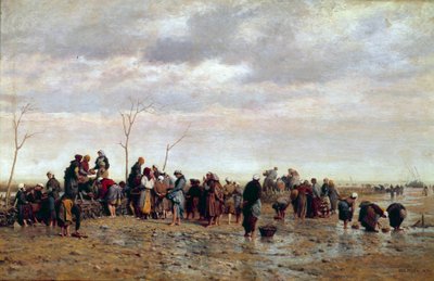 Les glaneuses de la mer. Ostréiculture : femmes récoltant des huîtres à marée basse. Peinture d