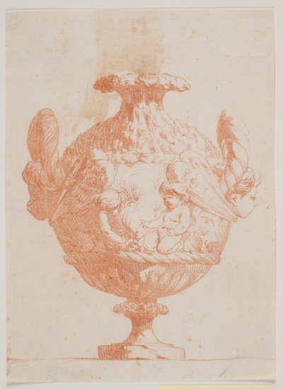 Vase ornemental avec deux têtes et deux putti. Copie d