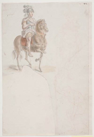 Cavalier en costume romain avec casque à plumes. De plus, deux esquisses faibles en rouge de hommes debout et à demi-agenouillés. - Jacques Francois Joseph Saly
