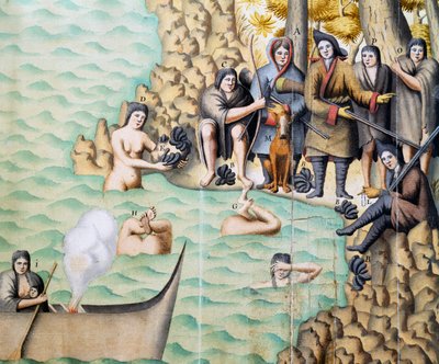 Femmes indigènes attrapant des coquillages dans le détroit de Magellan, aquarelle de Duplessis réalisée lors du voyage de Jacques Gouin de Beauchesne (1652-1730) en Patagonie entre 1698 et 1701, Argentine - Jacques Gouin de Beauchesne