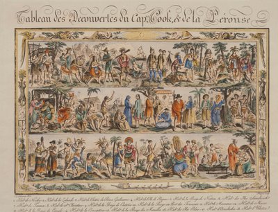 Les découvertes de James Cook et Jean François de Galaup Comte de Laperouse au XVIIIe siècle, gravure en couleur - Jacques Grasset de Saint Sauveur