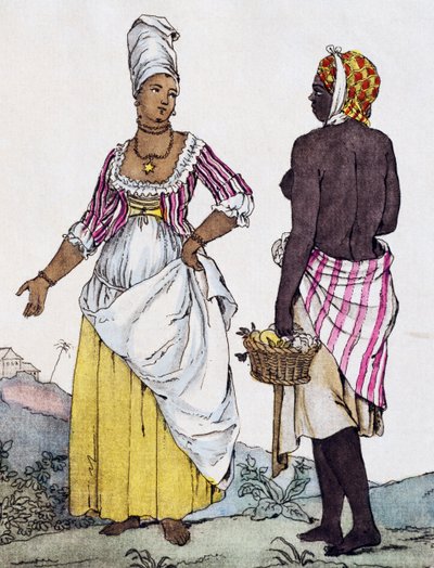 Femme noire et femme mulâtre de Saint-Domingue, gravure en couleur d