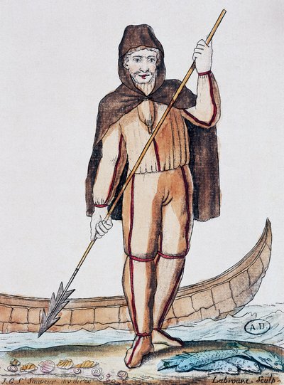 Costume de pêche, gravure en couleur d
