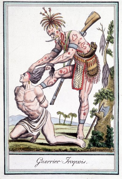 Guerrier iroquois scalpant son ennemi - dans « Encyclopédie des voyages » par Grasset St Sauveur, Paris - Jacques Grasset de Saint Sauveur
