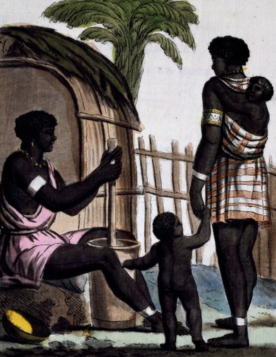 Femmes Issinia travaillant le riz, gravure en couleur d