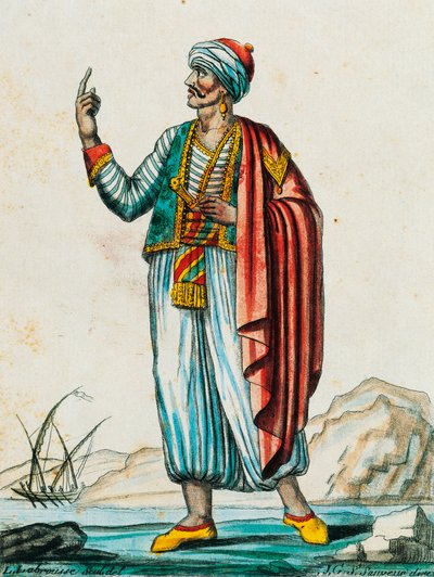 Costume masculin des états barbares et musulmans, gravure en couleur d