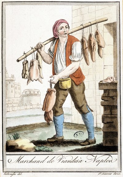 Marchand de viande à Naples - dans « Encyclopédie des voyages » par Grasset St Sauveur, Paris - Jacques Grasset de Saint Sauveur