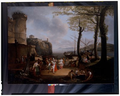 La Tarantelle : Un paysage côtier en soirée avec des paysans napolitains dansant la Tarantelle - Jacques Henri Sablet