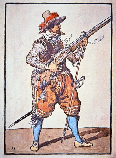 Arquebusier armé de mousquet à mèche, illustration du 