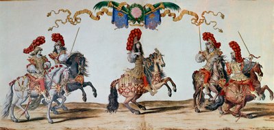 Carrousel de 1662 : Louis XIV et les chevaliers participant au Carrousel de 1662 à Paris (gravure) - Jacques I Bailly