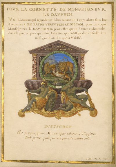 Ms. 11 (4) f.5, Emblème pour Louis XIV, c.1663-68 (gouache et or sur parchemin) - Jacques I Bailly