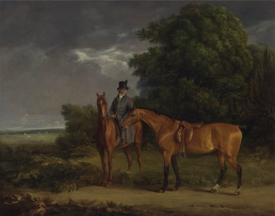 Un palefrenier monté sur un chasseur alezan, tenant un chasseur bai par les rênes - Jacques Laurent Agasse