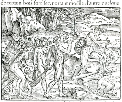 Indigènes indiens faisant du feu après la chasse, gravé par Theodor de Bry (1525-75) - Jacques Le Moyne