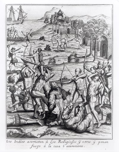 Les Indiens attaquent les prêtres et autres et incendient leurs maisons, gravure de 