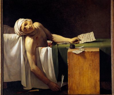 Révolution française : Jean Paul Marat (1743-1793) assassiné dans sa baignoire le 13/07/1793. Peinture de Jérôme Martin Langlois (1779-1838), membre de l