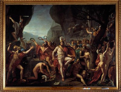 Léonidas aux Thermopyles Épisode de la bataille des Thermopyles en 480 av. J.-C., opposant les Grecs aux Perses de Xerxès I, Léonidas I roi de Sparte, tenant ses armes, assis sur un rocher, près de l