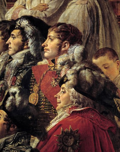 Le Sacre de Napoléon. Détail représentant Auguste Jean-Gabriel de Caulaincourt (1777-1809), Eugène Rose de Beauharnais dit Prince Eugène (1781-1824), et Charles Maurice de Talleyrand-Périgord dit Talleyrand (1754-1838) lors du Sacre de l