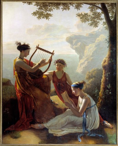 Poétesse grecque Sapho (Sappho) jouant de la lyre avec deux de ses compagnes - Jacques Louis Michel Grandin