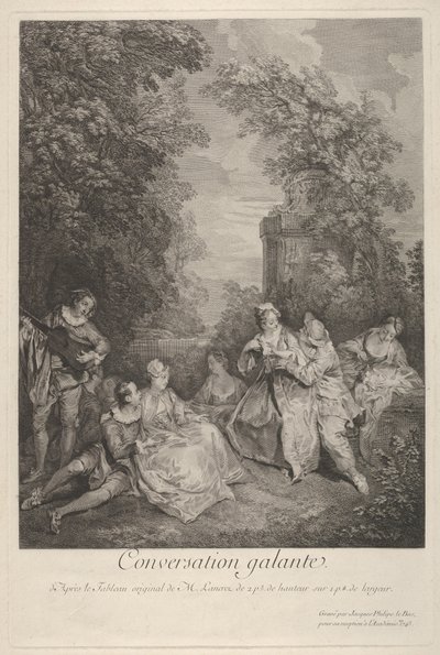 Conversation galante : couples conversant dans un jardin, 1743 - Jacques Philippe Le Bas