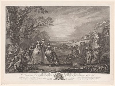 Paysage avec quatre figures visitant un camp militaire
Halte des Gardes Suisses (titre sur l