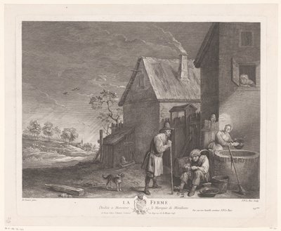 Deux hommes et une femme devant le puits à une ferme - Jacques Philippe Le Bas