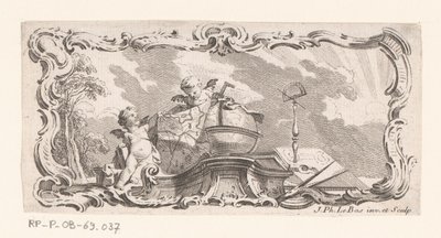 Vignette avec deux putti avec carte, globe et instruments de mesure - Jacques Philippe Le Bas