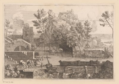 Paysage avec lac et trois femmes se lavant - Jacques Prou