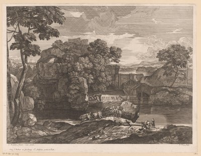Paysage fluvial avec une charrette de foin au premier plan - Jacques Prou