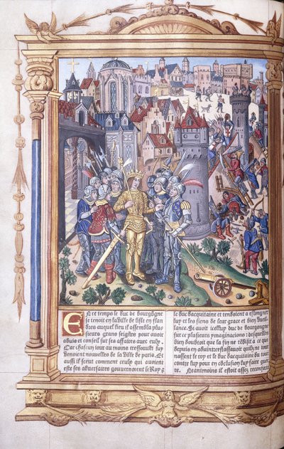 Manuscrit enluminé représentant un roi et son armée devant une ville, 1503-04 - Jacques de Besancon