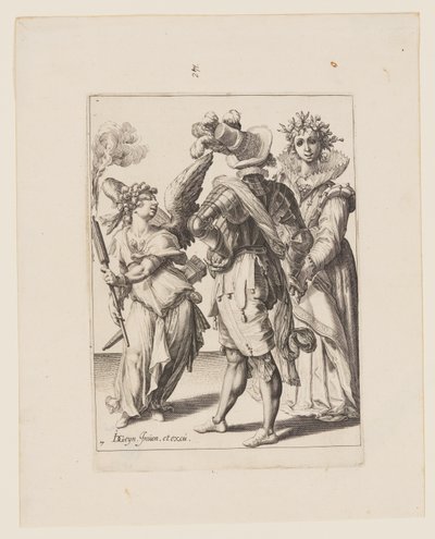 Cupidon aux yeux bandés tenant une torche devant un couple, extrait de The Masquerades (Les mascarades) - Jacques de Gheyn II